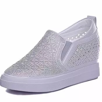 Модные женские кроссовки Air Mesh 7 см, полые, со стразами, на платформе, танкетке, летние, скрытый каблук, дышащие, модные, высокого бренда 34