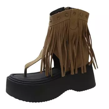Fashion 7cm New Women s Summer Platform Flat Sole Sandals Tassel Design Casual Sandals Shoes for Women Flip-flops Roman Female Boots 35 хаки