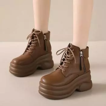 Fashion 8.5CM Heels Winter Women Leather Chunky Ankle Boots Autumn High Platform Boots Woman Thick Bottom Non Slip Motorcycle Booties 34 коричневый