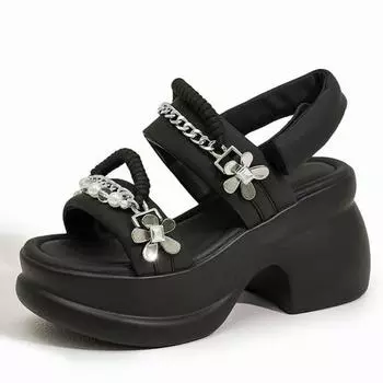Fashion 8.5cm Peep Toe High Thick Bottom Leisure Summer Shoes Platform Vacation Slingback Wedge Flat Casual Sandals Hook Women Sandals 34 чёрный