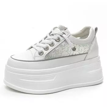 Модные 8 см лоферы из натуральной кожи с воздушной сеткой, удобные туфли на танкетке и платформе, женские сандалии с полыми полыми каблуками, летняя обувь из вулканизированной ткани 35 серебряный