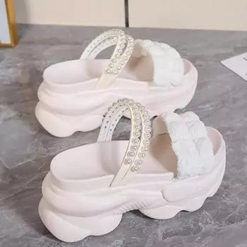 Модные 8 см пляжные шлепанцы для женщин тапочки женская обувь лето 2024 новые летние плоские тапочки женские толстые женские шлепанцы 34 белый