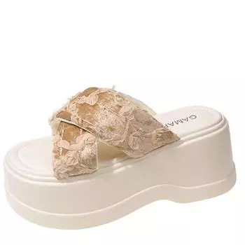 Модные женские туфли на толстом каблуке 8 см, кожаные сандалии с открытым носком и высокой платформой, женские новые летние пляжные шлепанцы с толстой подошвой 34 бежевый