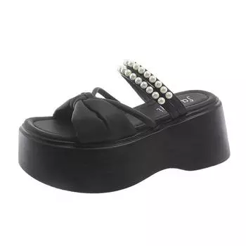 Fashion 8CM Heels Wedge Slides Sandals Women Casual Outdoor Slippers Female Summer Non Slip Beach Slippers Walking Chunky Shoes Woman 34 бежевый