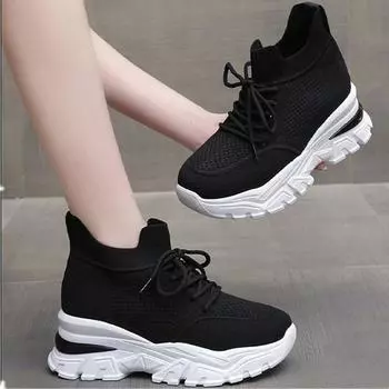 Модные белые туфли на 8 см, увеличивающие рост, женские летние новые туфли Daddy, повседневные спортивные туфли с дышащей сеткой Fly Woven, женские кроссовки 35 чёрный