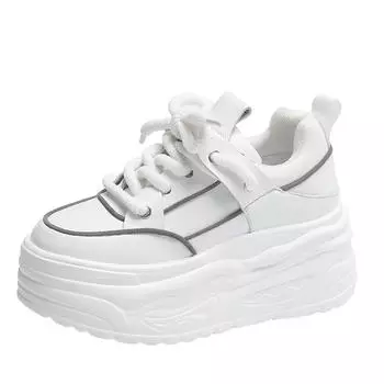 Fashion 8cm High Heel Leather Women Shoes Chunky Sneakers Autumn Wedge Platform Shoes Spring Women Breathable Comfy Skateboard Footwear 35 белый