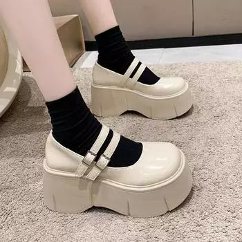 Fashion 8CM High Heel Platform Wedge Spring Women Pumps Mary Jane Ladies Sandals Belt Buckle Classic Sweet Punk Female Lolita Shoes 34 бежевый