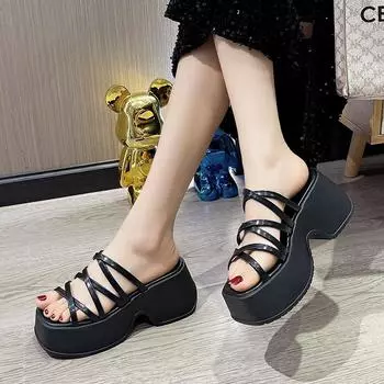 Модные тапочки на высоком каблуке 8 см с толстой подошвой, женская летняя модная обувь, универсальные тапочки для верхней одежды, римские сандалии на платформе с тонким ремнем 35 бежевый