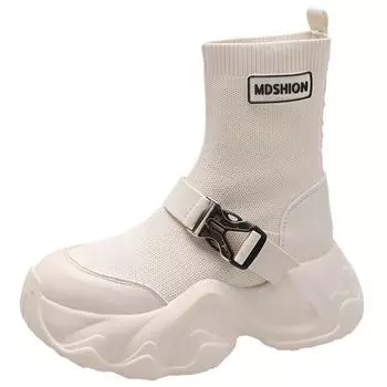 Fashion 8CM Knitting High Platform Ankle Boots Women Autumn Thick Bottom Short Sock Boots Non-slip Motorcycle Chunky Shoes Booties Mujer 34 чёрный