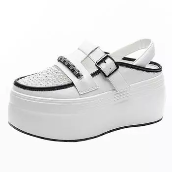Fashion 8cm New Air Mesh Genuine Leather Platform Chunky Sneakers Women Sandals Casual Hollow Rhinestone White Summer Slippers Shoes 33 чёрный