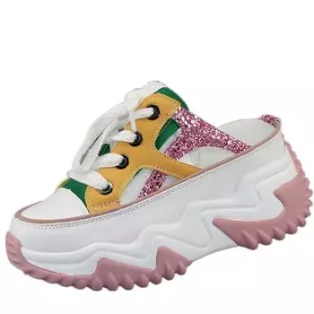 fashion 8cm New Glitter Leather Women Chunky Sneakers Platform Wedge 2024 Breathable Slippers Comfortable Hollow Summer Shoes 34 розовый