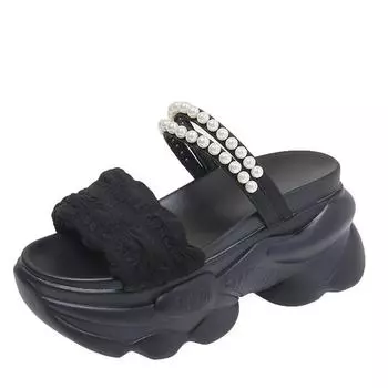 fashion 8cm New Summer Women s Slippers with Pearl Decoration and Thick Bottom Wedges Slides Women Platform Shoes Sandals 34 белый