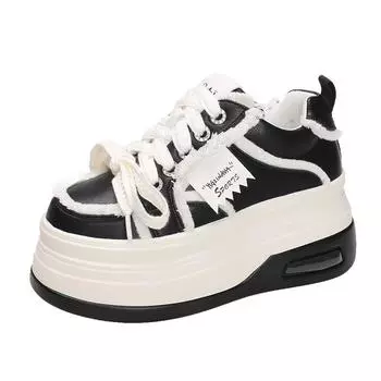 Fashion 8CM New Women Chunky Sneakers Autumn High Platform Leather Shoes Thick Bottom Vulcanize Shoes Breathable Female Casual Dad Shoes 34 бежевый