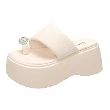 Fashion 8CM Summer Women s New Rhinestone Style Clip Toe Flip Flops Flat Platform Sandals Design Beach Sandals Slippers Women Wear 2024 34 бежевый