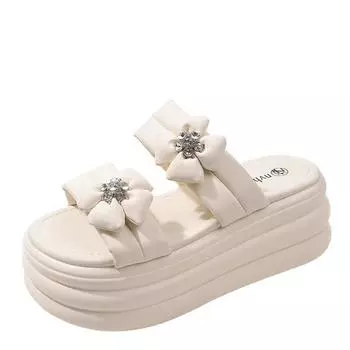 fashion 8cm Woman Slippers 2024 Summer Fashion Sweet Female Casual Platform Shoes Microfiber Leather Women Outdoor Slides Heels 34 бежевый