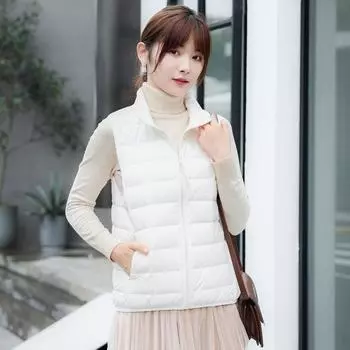 FASHION 90 белый жилет на утином пуху для женщин 2024 зима новый цельный тканый легкий жилет на пуху для женщин короткий жилет с воротником-стойкой Одежда S белый