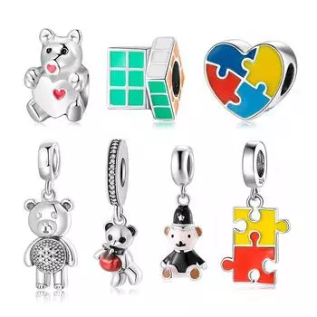 Fashion 925 Sterling Silver Square Rainbow Puzzle Bear Beads Fit Original Charms Jiuhao Bracelet Jewelry Making