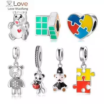 Fashion 925 Sterling Silver Square Rainbow Puzzle Bear Beads Fit Original Charms Jiuhao Bracelet Jewelry Making