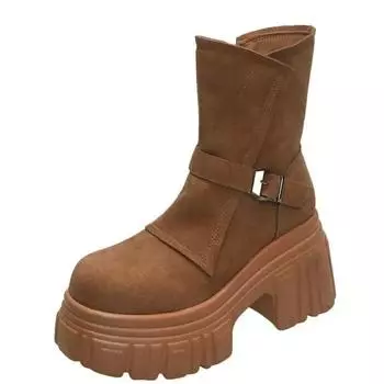 Fashion 9CM Desinger Knight Women Mid Calf Boots Chunky High Heeled Platform Punk Motorcycle Booties New Goth Street Shoes For Women 34 верблюд