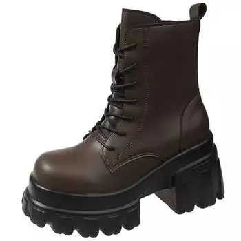 Модные элегантные зимние ботинки на толстой танкетке высотой 9 см для женщин 2024 года, осень-зима, новый стиль, повседневные короткие ботинки на толстом каблуке со шнуровкой 34 бежевый