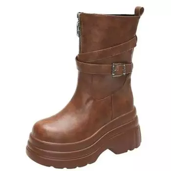 Модные 9 см платформы массивные ботинки женские высокие каблуки новые 2024 осень середина икры кожаные кроссовки тренд зимние коричневые мотоциклетные ботинки Zapatos 35 чёрный