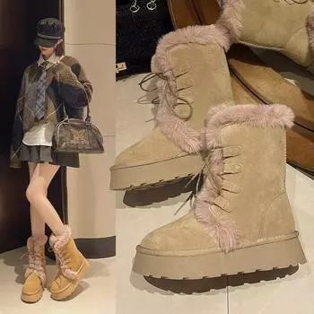 Fashion AJGS Mid Length Snow Boots for Women in Winter Thickened with Fleece 2024 New Fashionable Lace Up Warm Thick Soled Cotton Shoes 35 хаки