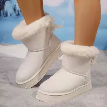 Fashion AJGS Winter Faux Suede Women Fluffy Snow Boots Warm Plush Platform Ankle Booties Woman Bow Slip on Cotton Boots Platform Shoes 36 бежевый