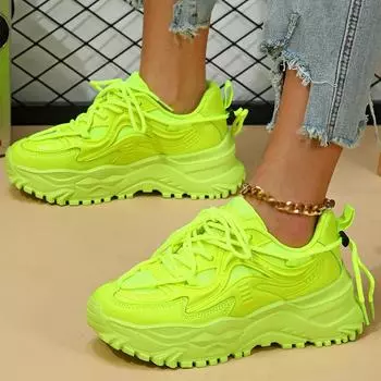 Fashion All-match Chunky Couple Running Cushion Sneakers Men Women Fluorescence Green Non-slip Shoes Unisex Lace Up Casual Sports Shoes 35