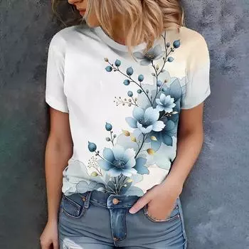 Fashion and artistic style white background with blue floral print daily casual women s short sleeved T-shirt S