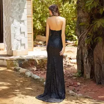 Fashion and elegant new V-neck neck backless sleeveless solid color hip-wrapped slim banquet evening dress S чёрный