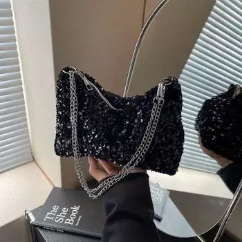 Fashion and foreign versatile sequined shoulder bag, new 2025 large-capacity chain shoulder messenger bag чёрный
