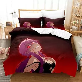 Fashion Anime Future Diary Yuno Gasai Bedding Set Boys Girls Twin Queen Size Duvet Cover Pillowcase Bed Kids Adult Home Textiles EU Twin 135x200cm