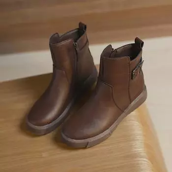 fashion Ankle Flat with Modern Boots Spring/Autumn Round Toe Ladies Shoes on Sale 2024 Brand Low Heel Solid Buckle Concise Women s Boots 35 коричневый