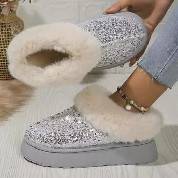 Fashion Ankle Snow Boots Women Winter Fashion Shiny Fur Short Plush Warm Flats Slippers Platform Shoes Indoor Cotton Flip-Flops 2025 36 золотой
