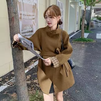 FASHION Ankola red woolen coat women s 2024 autumn winter new foreign style plaid splicing loose woolen coat Clothes S