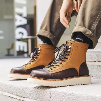 Fashion Autumn and winter men s high top leather shoes Fashion color blocking design Outdoor leisure business party walking Office boots 38 коричневый