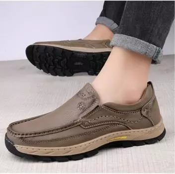 Fashion Autumn handmade shoes rubber sole thick bottom breathable casual leather shoes men s Loafers classic hand-stitched men s shoes 38 хаки