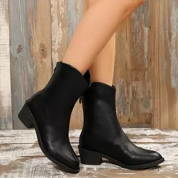Fashion Autumn Heeled Shoes for Women Fashion Winter Pionted Toe Chunky Heel Women s Western Boots Plus Size Back Zipper Mid Calf Boots 35 чёрный