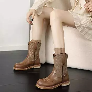 Fashion Autumn New Brown Ankle Boots Women Shoes Round Toe Mid-calf Modern Boots Hot Selling Leather Back Zipper Women s Printed Boots 35 темно-коричневого