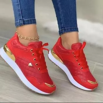 Fashion Autumn New Casual Sneakers Mesh Lace Up Flat Shoes for Female Fashion vulcanized shoes Breathable comfor running shoes Versatile 35 красный