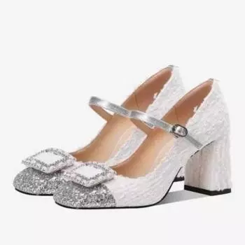 Fashion Autumn new coarse heel shoes women s round head shallow mouth color diamond buckle anti-slip wear-resistant low-top shoes 34 белый