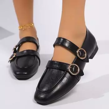 Fashion Autumn New Coarse Heel Single Shoes Women s Round Head Shallow Mouth Metal Line with Soft Sole Non-slip Low Top Shoes 35 чёрный