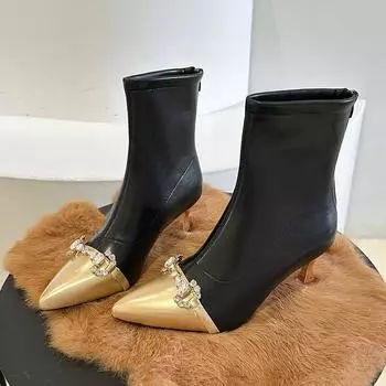 Fashion Autumn New Fine Heel Cotton Shoes Women s Pointy Head Combination Color Diamond Buckle Anti-slip Wear-resistant Short Boots 35 бежевый