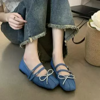 Fashion Autumn New Flat Shoes Women s Square Head Shallow Mouth Cloth Surface Butterfly Knot Soft Sole Non-slip Low Top Shoes 35 светло-синий