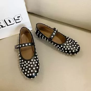 Fashion Autumn New Flat Shoes Women s Fashion Round Head Shallow Mouth Rhinestones Rivet Soft Soles Non-slip Low Top Shoes 35 белый