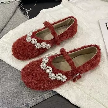 Fashion Autumn New Flat Single Shoes Women s Round Head Shallow Mouth Bead Line with Soft Sole Anti-slip Low Top Shoes 35 красный
