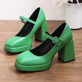 Модные осенние новые туфли на толстом каблуке, женские модные туфли с квадратным носком и неглубоким носком, пряжкой в одно слово, на толстой подошве, низкие туфли 35 абрикосовый