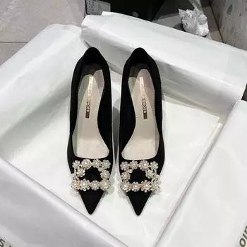 Fashion Autumn New Thin Heel Shoes Women s Fashion Pointed Head Suede Rhinestones Buckle Temperament Low Top Shoes 34 чёрный