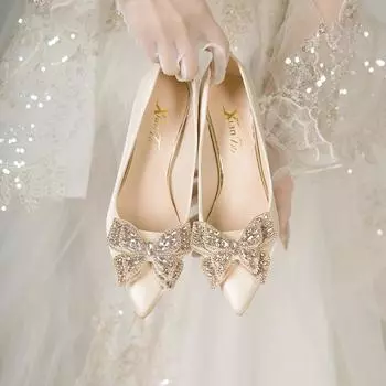 Fashion Autumn New Thin Heel Single Shoes Women s Fashion Pointy Head Shallow Mouth Rhinodrill Butterfly Knot Temperament High Heels 34