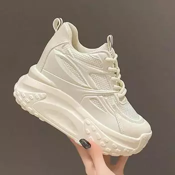 Fashion Autumn Spring Platform Wedge High Fashion Breathable Women Summer Shoes Hollow High Heels 10cm Sneakers Chunky Casual 34 бежевый